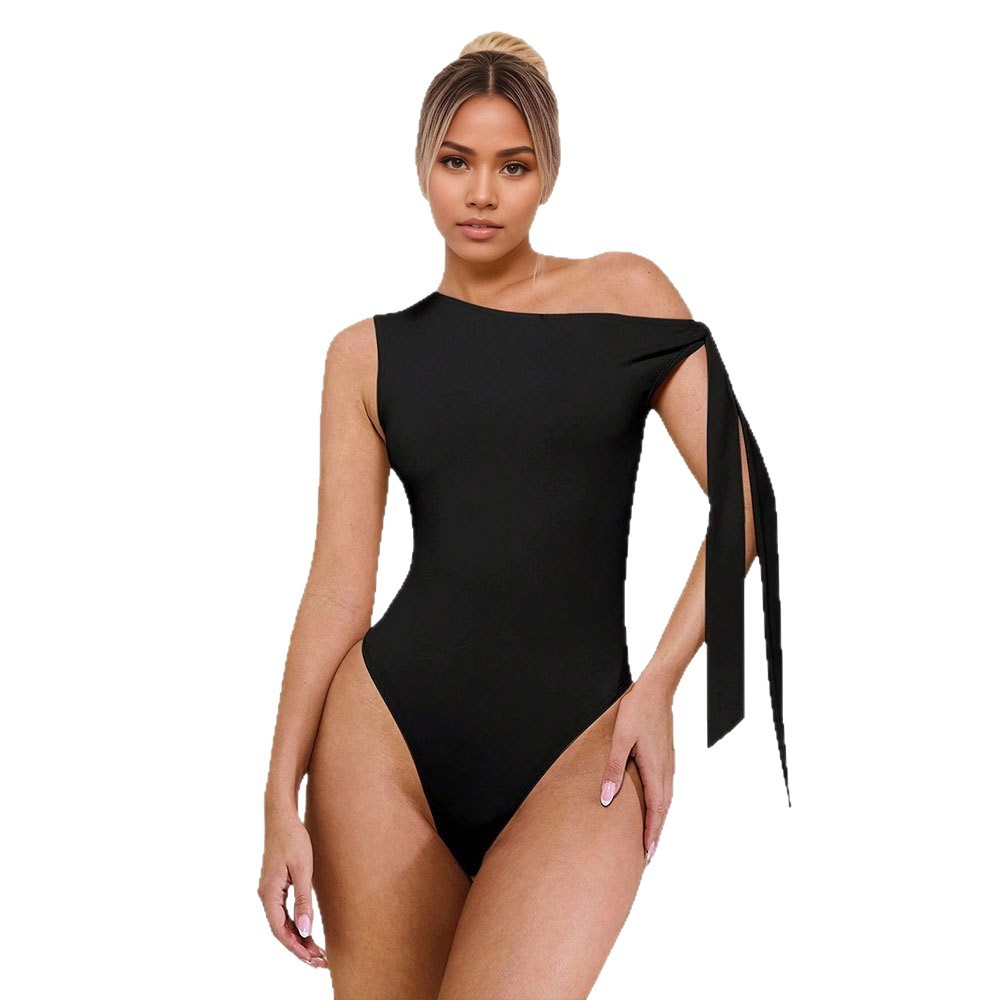 Womens Solid-Color Sleeveless Off-the-Shoulder Lace-Up Jumpsuit