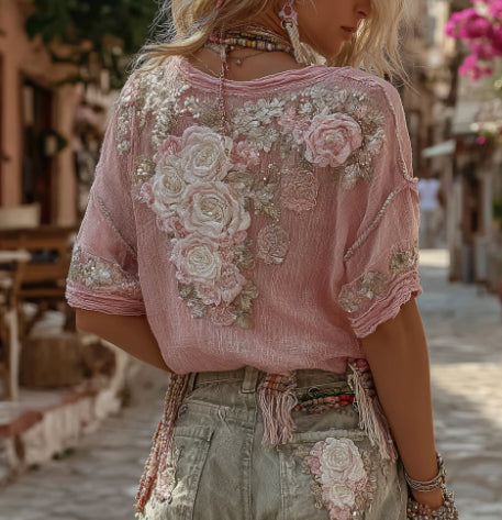 Womens Retro Printed Patchwork Crew-Neck Top