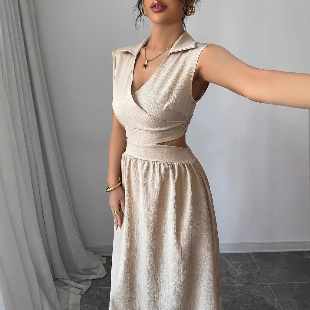 New French-style Dress With A V-neck A-line Silhouette And Sleeveless Design