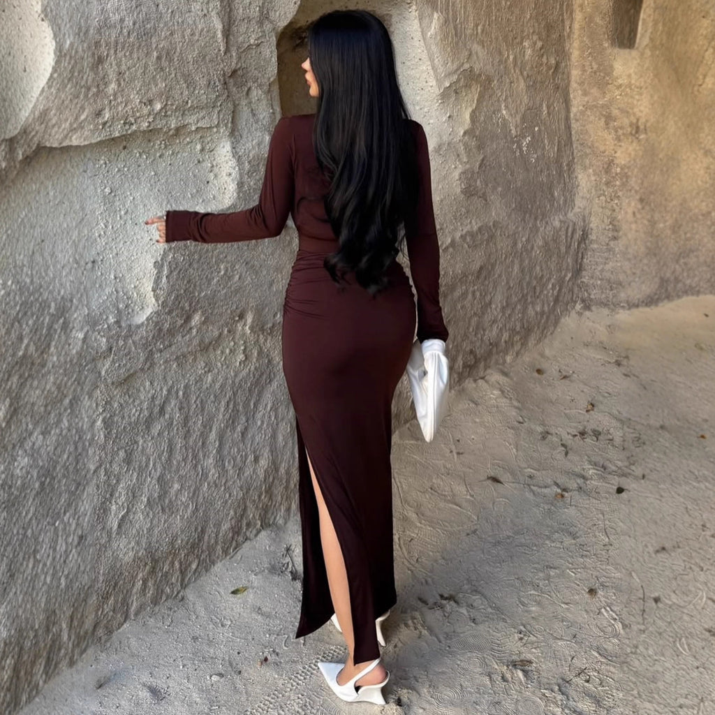 Elegant Embellished Belt Deep-V Long-sleeve Autumn Dress