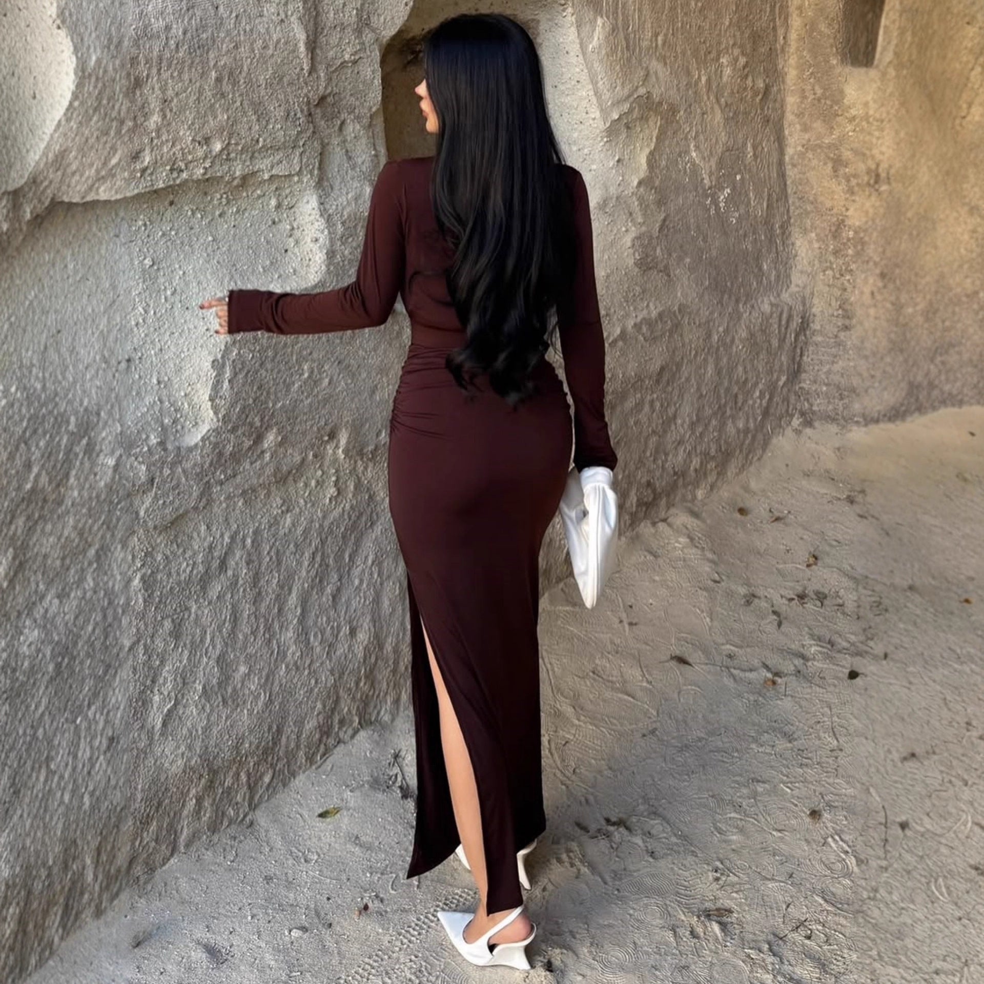 Elegant Embellished Belt Deep-V Long-sleeve Autumn Dress