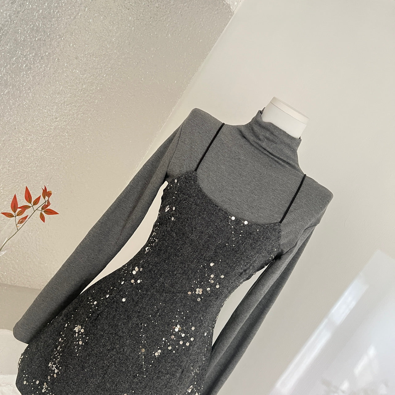 Korean Style Sequin Dress Set - Long Sleeve Turtleneck Top And Sling Party Dress For ClubWedding