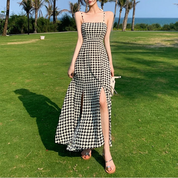 French Retro Sling Houndstooth Slit Dress