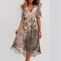Flowers Printed V-neck Dress Summer A-line Short-sleeved Dresses For Women
