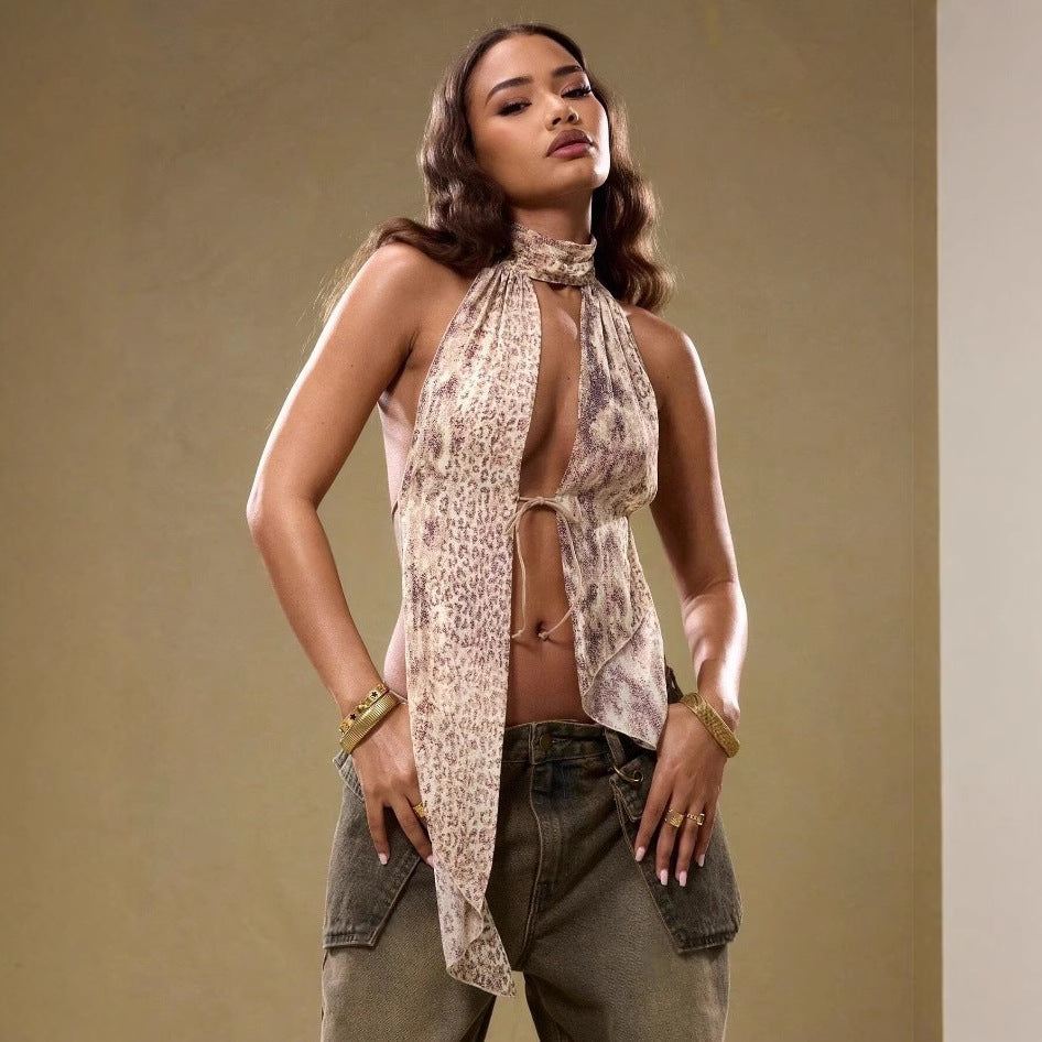 Sexy Stand Up Collar Halter Backless Lace Up Vest Top