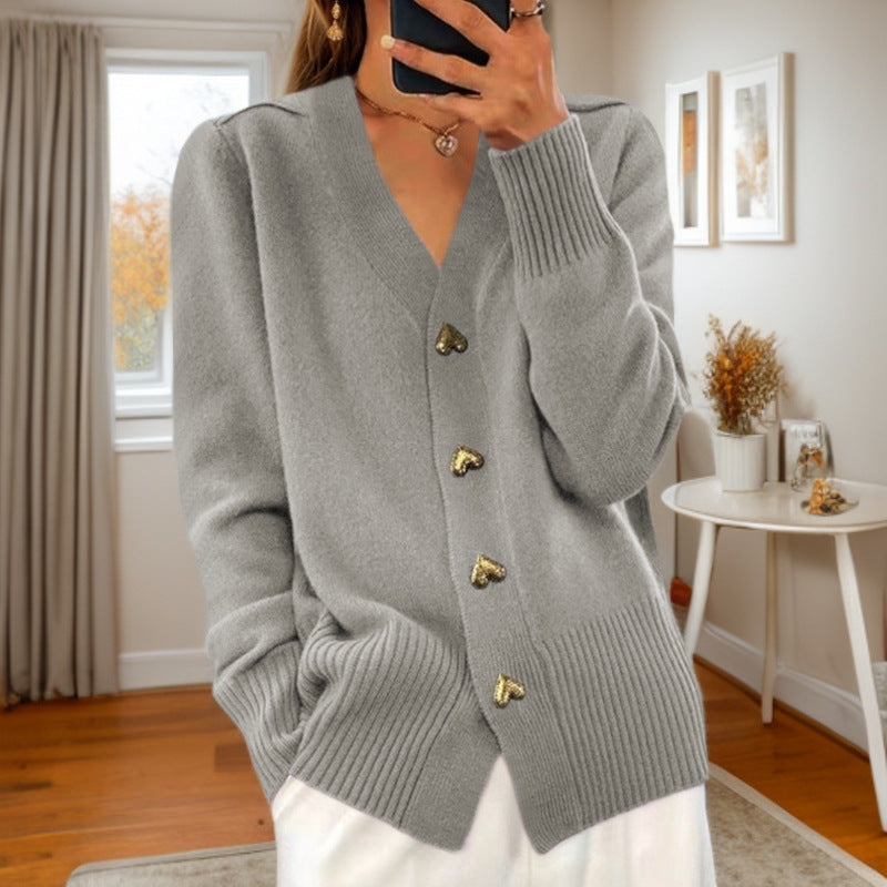 V-neck Knitted Sweater With Love Button Fashion Solid Long-sleeved Cardigan Spring And Autumn Women's Clothing
