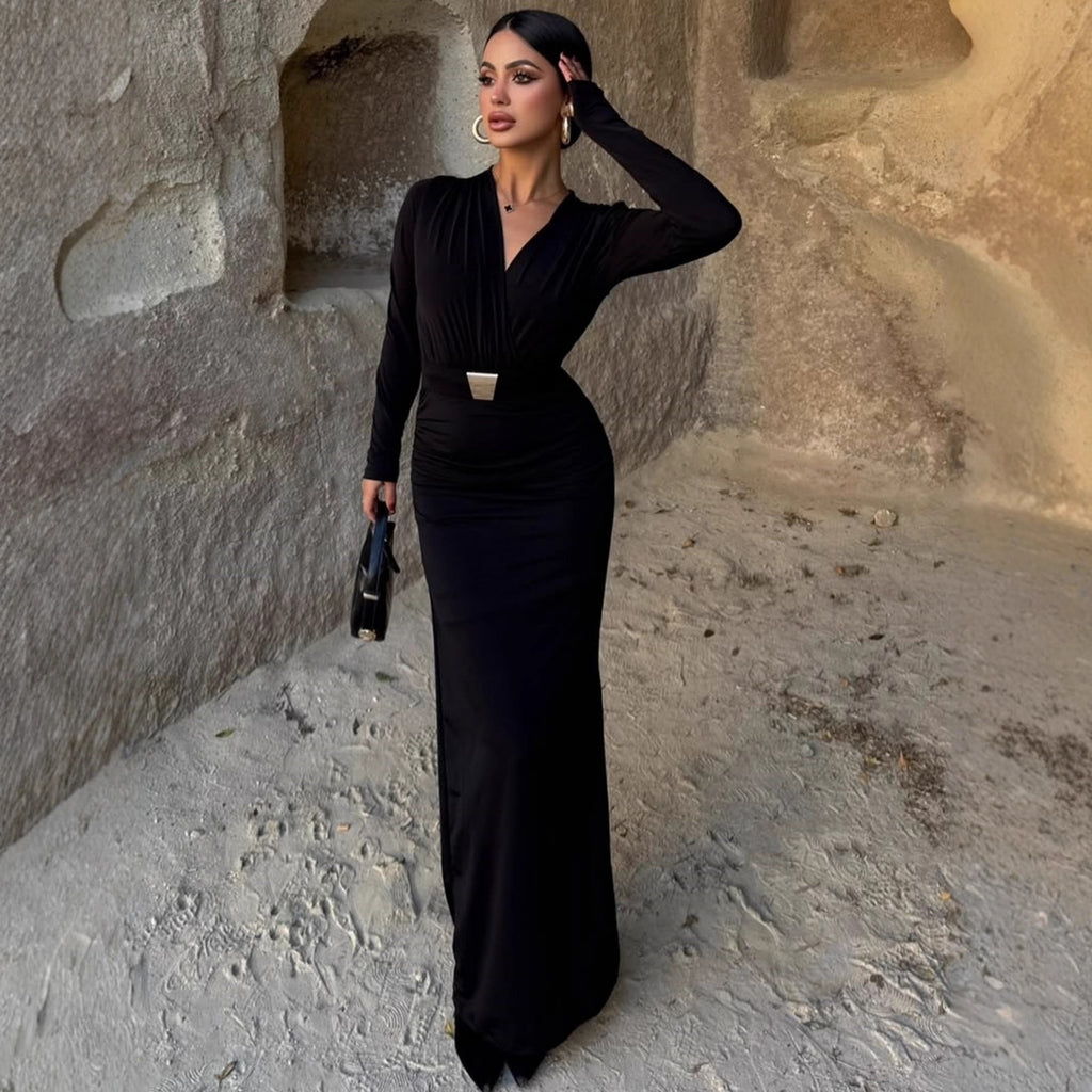 Elegant Embellished Belt Deep-V Long-sleeve Autumn Dress