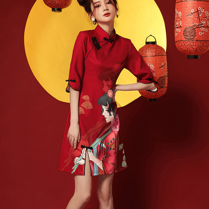 Womens Long-Sleeve Retro Casual Printed Dress