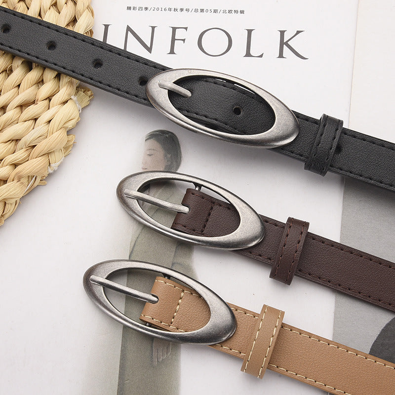 Womens Korean-style Oval Alloy Pin Buckle Minimalist All-match Belt