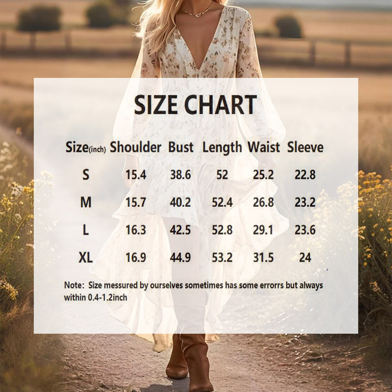 Women's Deep V-Neck Floral Print Long Sleeve Dress - Boho Elastic High Waist Dress With Asymmetrical Hem & Puff Cuffs