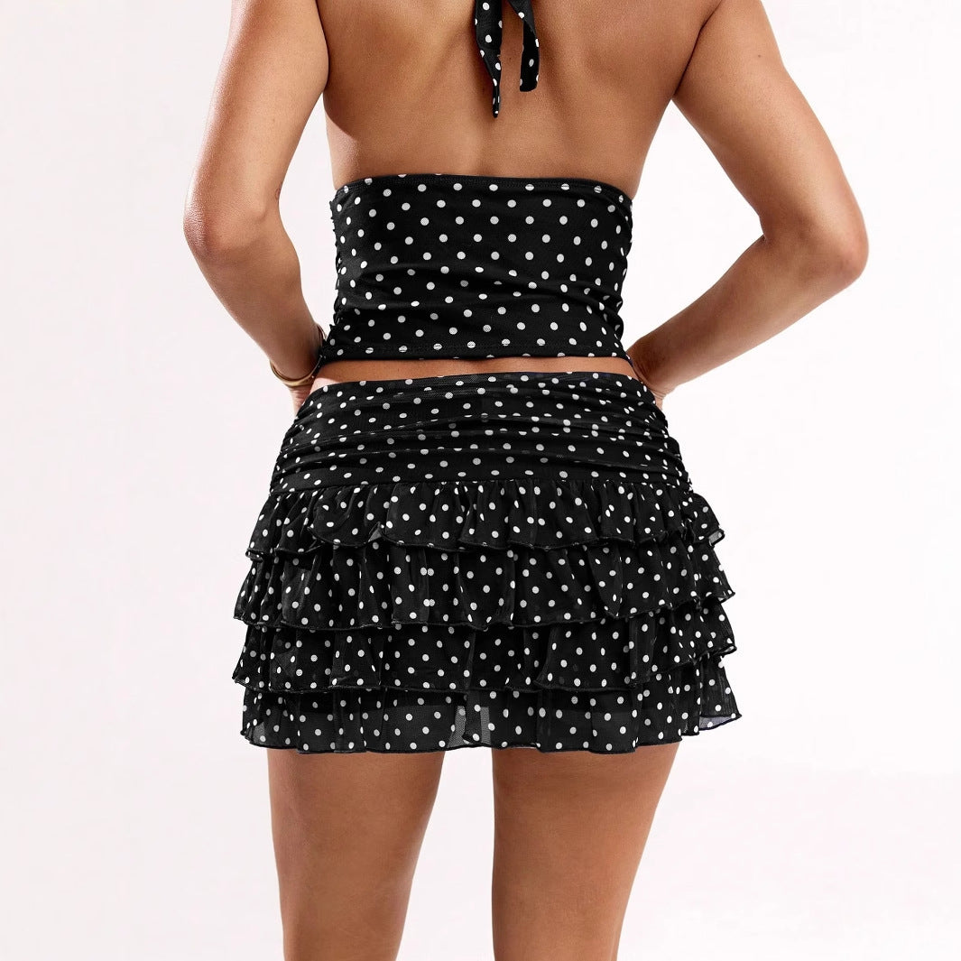 Polka-dot Printed Halterneck Vest And Ruffled Hem Mini Skirt Set