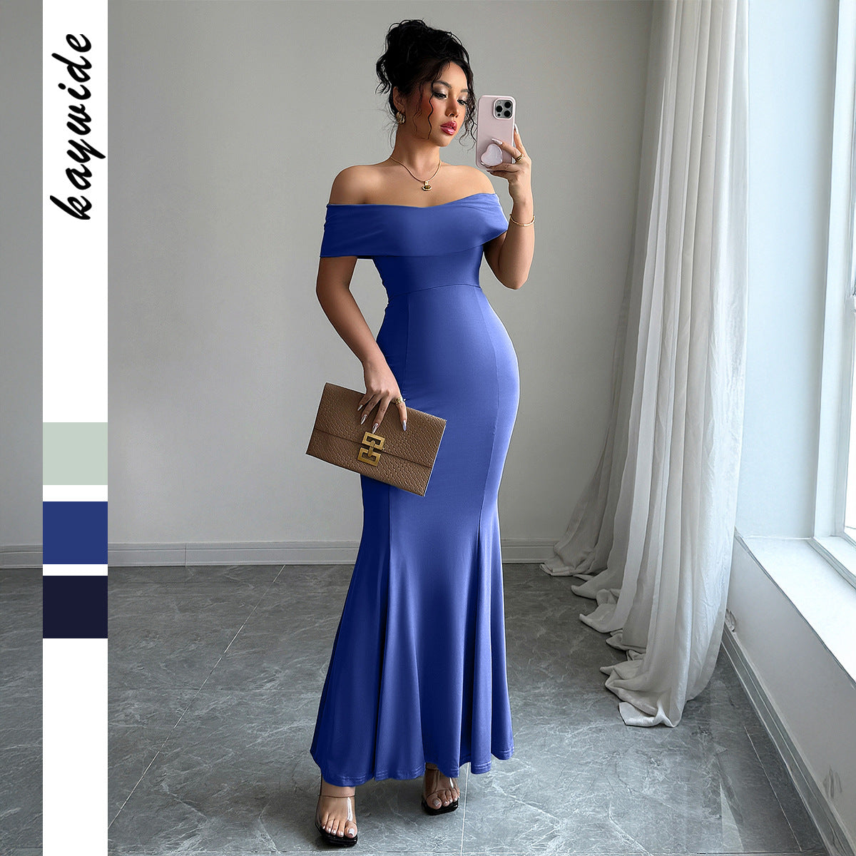 Womens Solid-Color Off-the-Shoulder Slim Long Dress