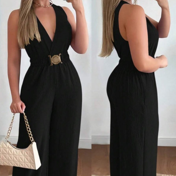 Resort-style Wide-leg Pants With A Crossover V-neck And Metal Buckle Waist