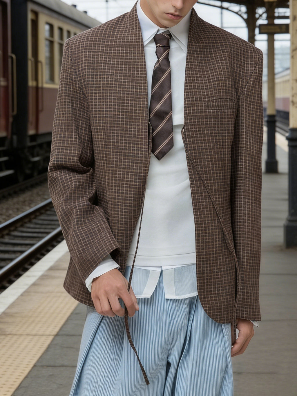 Brown Plaid Collarless Deconstructed Blazer Jacket