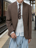 Brown Plaid Collarless Deconstructed Blazer Jacket