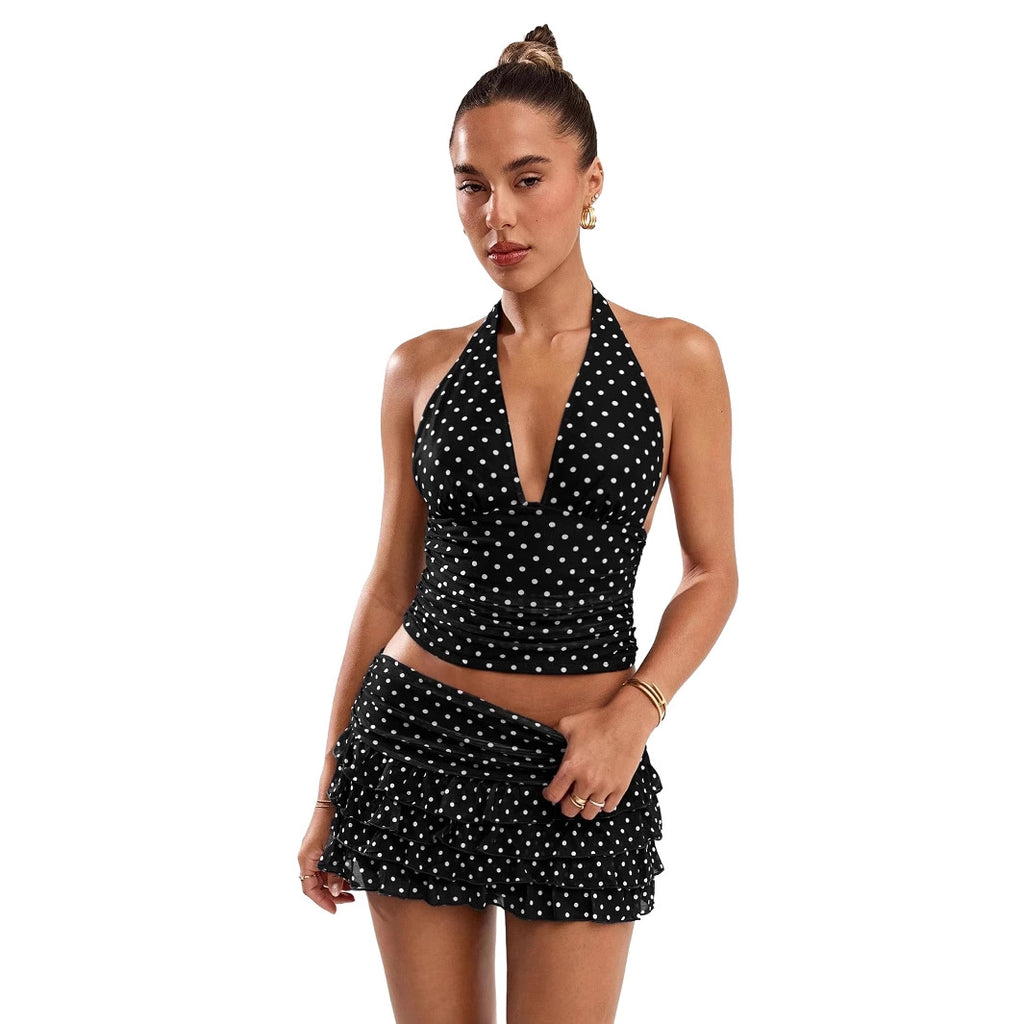 Polka-dot Printed Halterneck Vest And Ruffled Hem Mini Skirt Set
