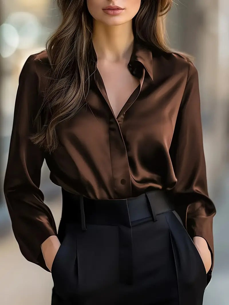 Elegant Satin Long Sleeve Blouse For Women Button-Up Collar Shirt Perfect For Casual Professional Business Work Wear Women's Clothing