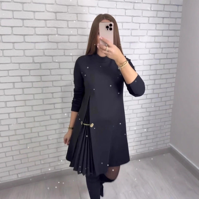 Patchwork Pleated Long-sleeved Dress Fashion Split Dresses Elegant Commuter Women's Clothing