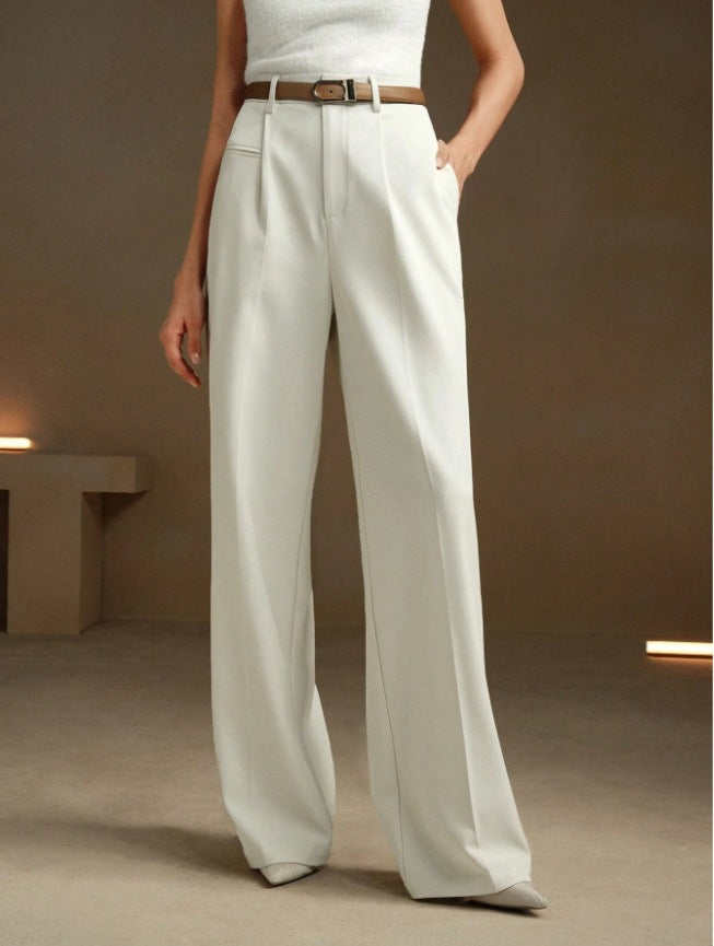 Womens High-Waisted Versatile White Straight-Leg Suit Pants