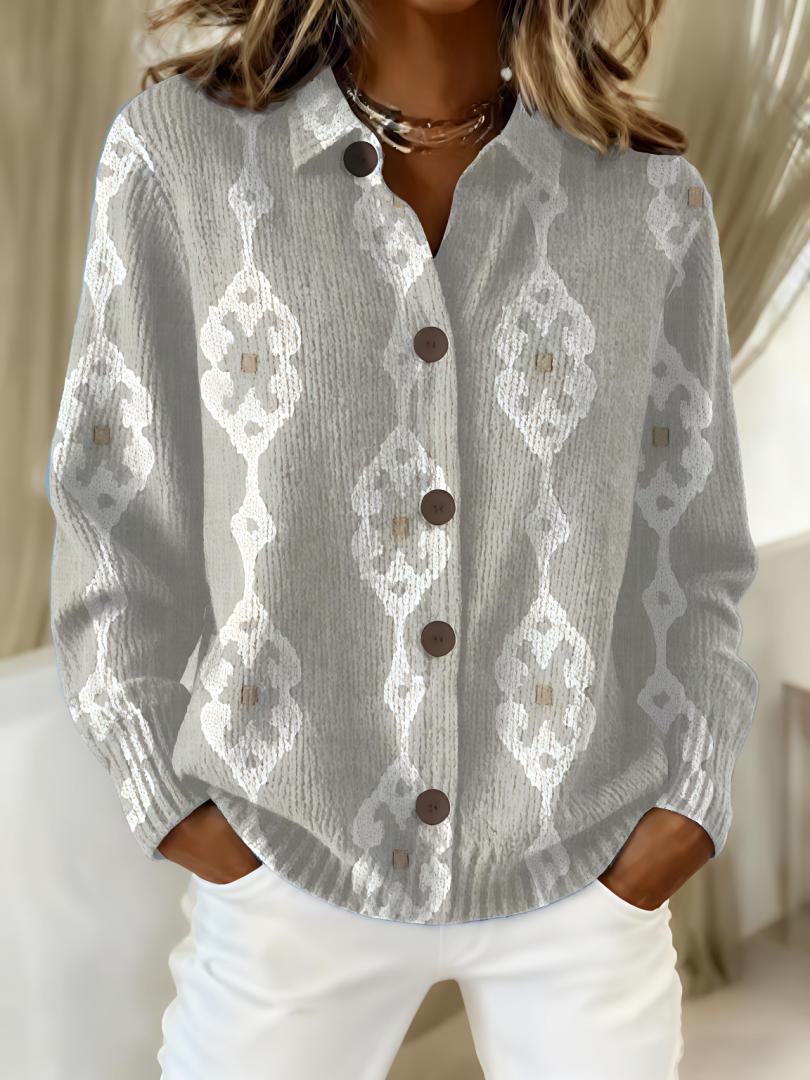 Printed Lapel Sweater Fashion Casual Long-sleeved Button Pullover Top Knitted Clothing For Women