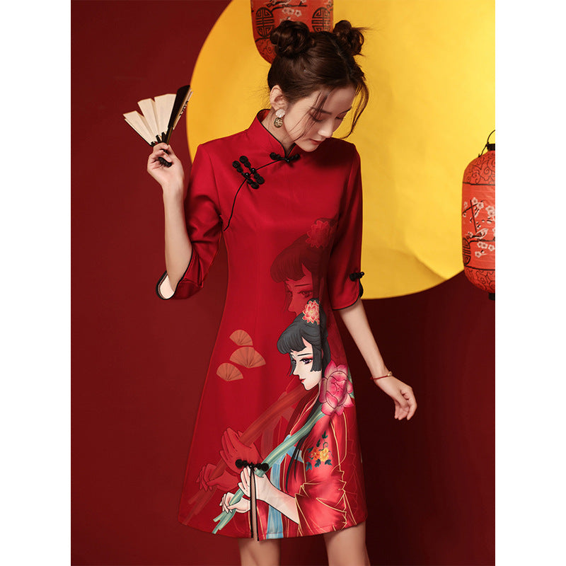 Womens Long-Sleeve Retro Casual Printed Dress