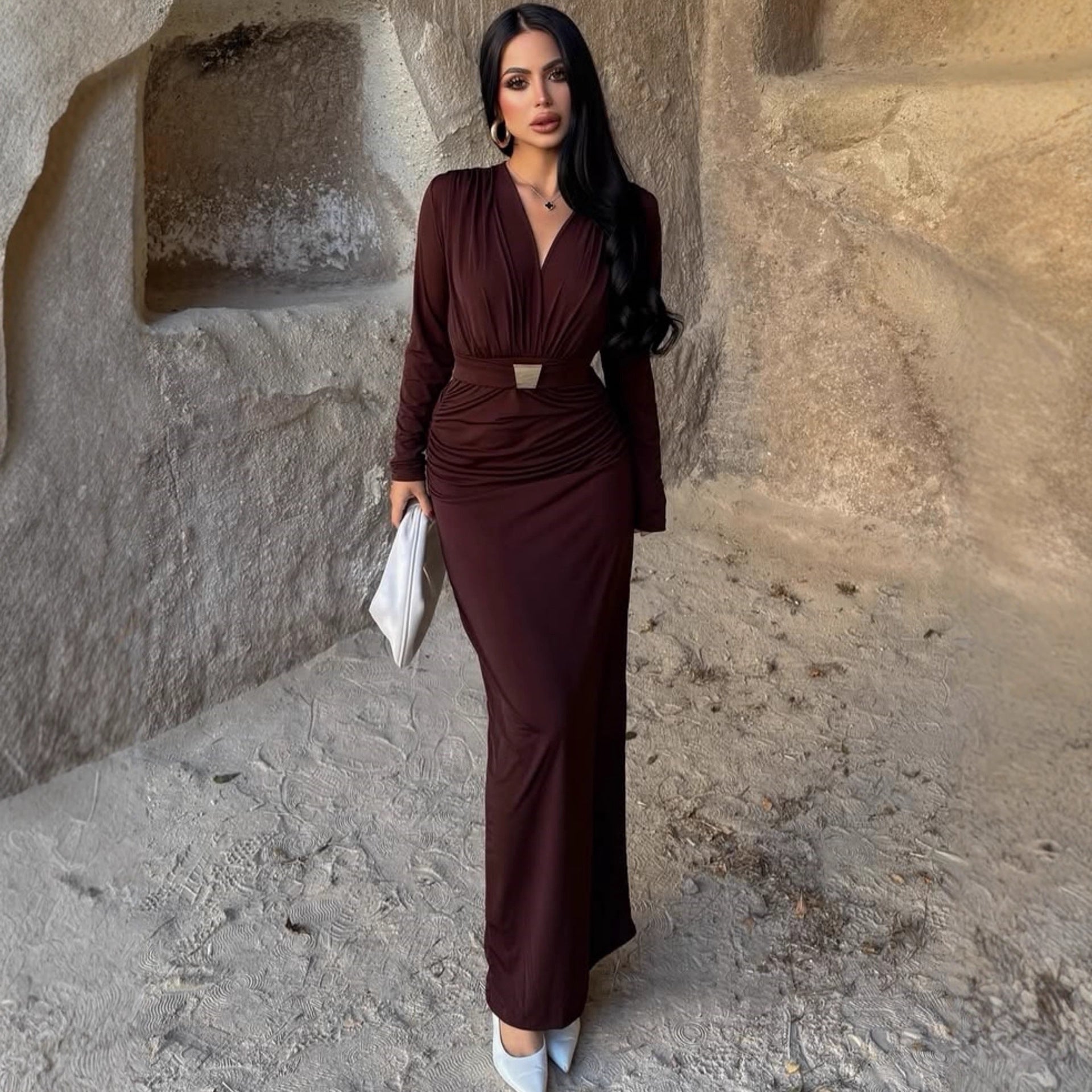 Elegant Embellished Belt Deep-V Long-sleeve Autumn Dress