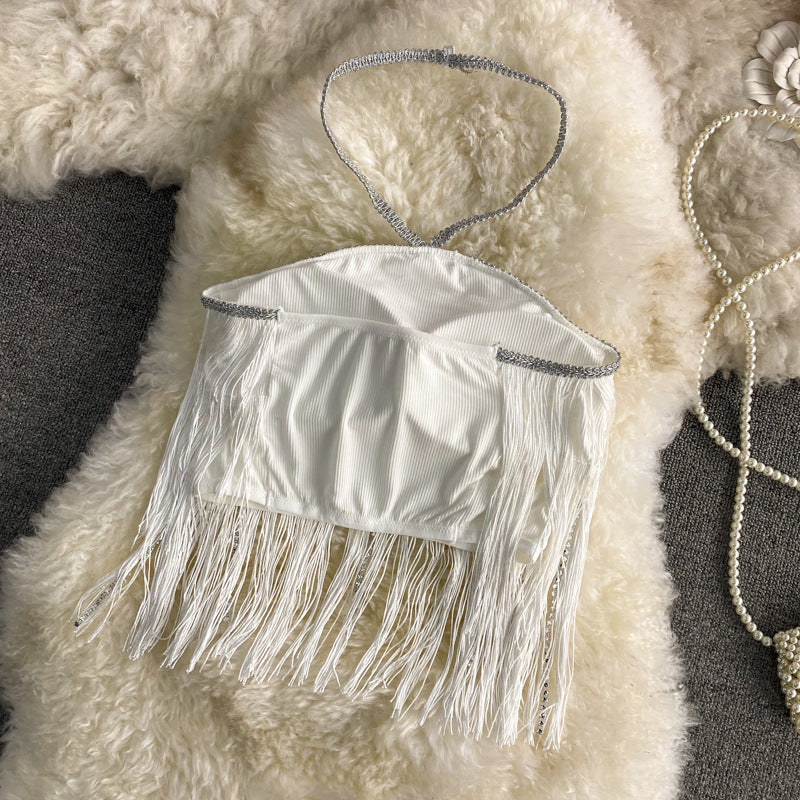 Women's Chest Pad Hipster Chain Top Rhinestone Tassel Strap Sling