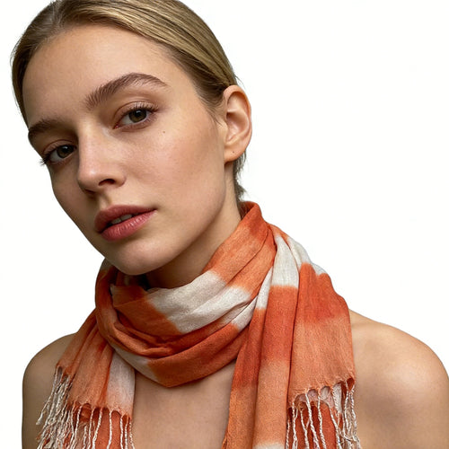 2pcs Coral Toned Abstract,Flowy Casual Scarf ,Orange Red Printed Scarf,Fringed Edges For Movement Women Men