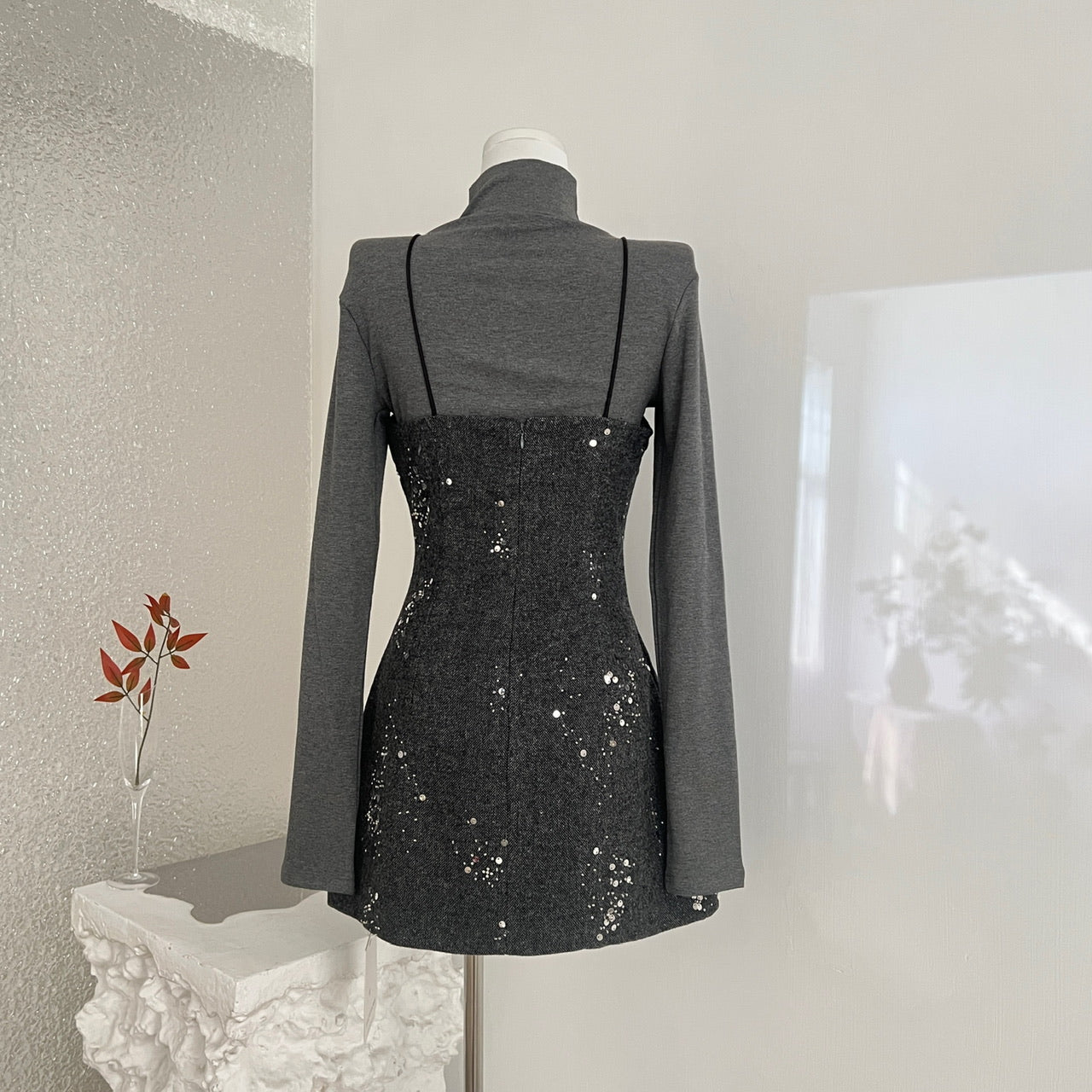 Korean Style Sequin Dress Set - Long Sleeve Turtleneck Top And Sling Party Dress For ClubWedding