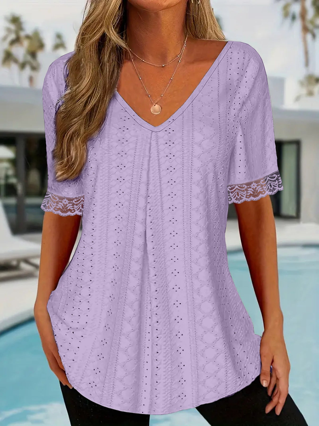 Womens Solid-Color V-Neck Loose Short-Sleeve Pleated T-Shirt Top