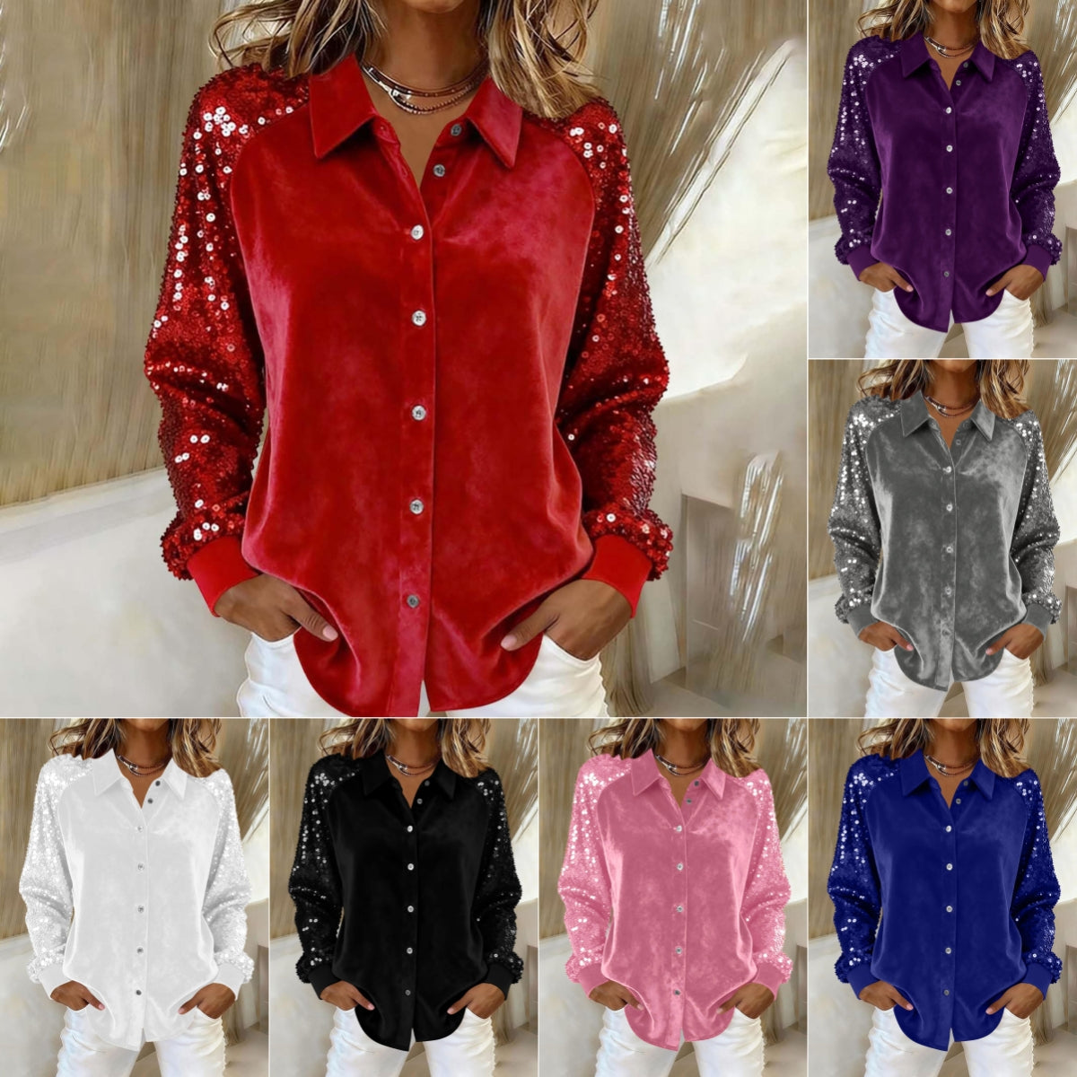 Women's Fashion Sequins Long Sleeve Blouses Casual Solid Long Sleeve Turn-down Collar Button Shirts Top Women Holiday Streetwear Clubwear Clothes