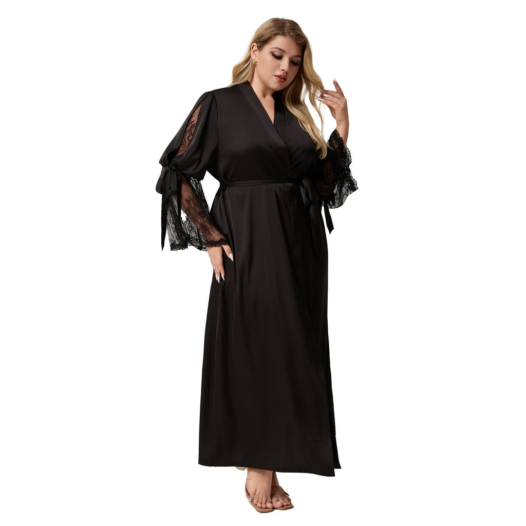 Lace-trimmed Long-sleeved Plus-size Loungewear Dress