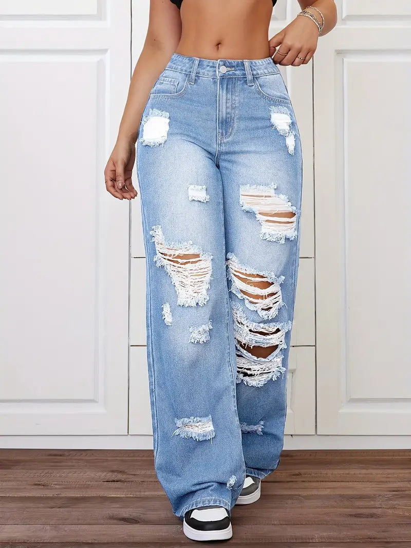 Trendy Washed Ripped Straight Jeans For Women