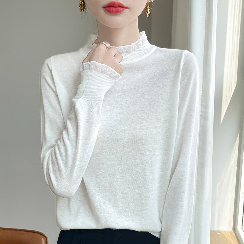 Solid Color Stringy Selvedge Loose Bottoming Shirt Top Half High Collar