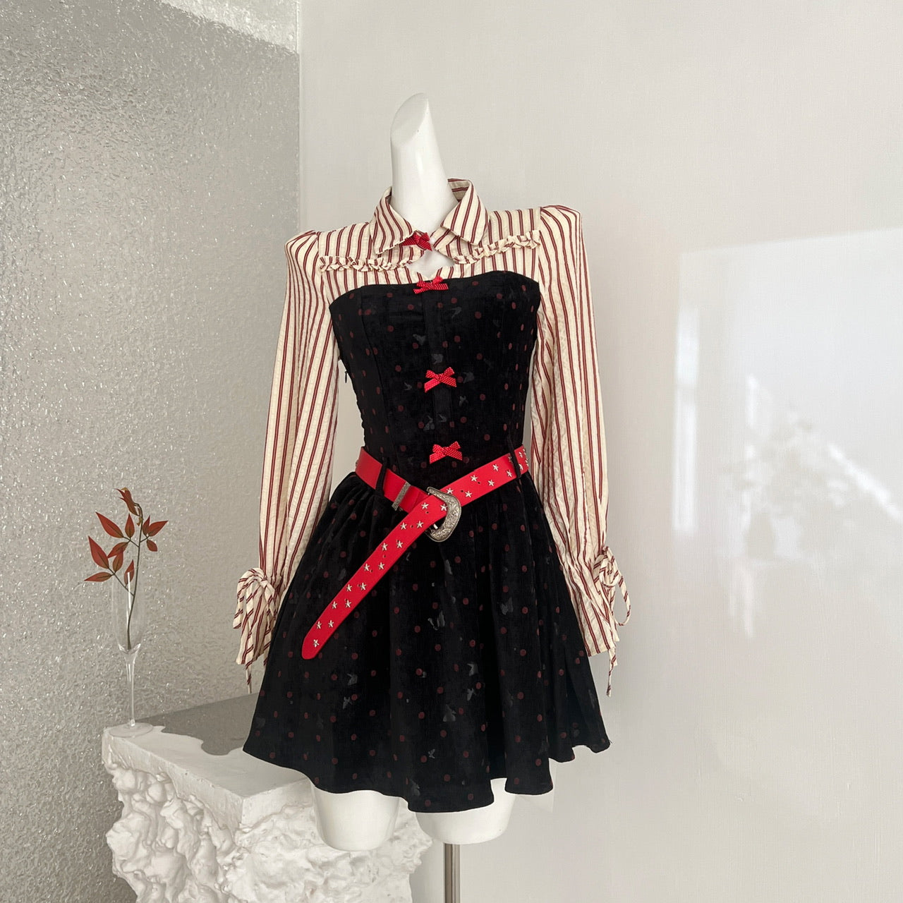 Women's Y2K Hot Girl Dress Polka Dot Shirt Paneled Velvet Bodycon Mini Dress