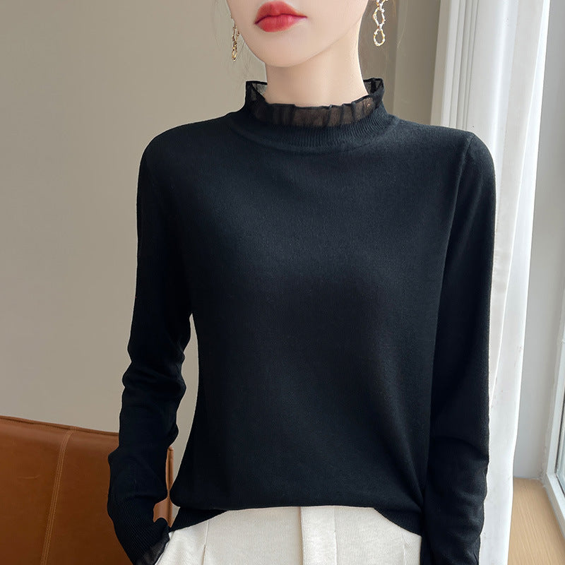 Solid Color Stringy Selvedge Loose Bottoming Shirt Top Half High Collar