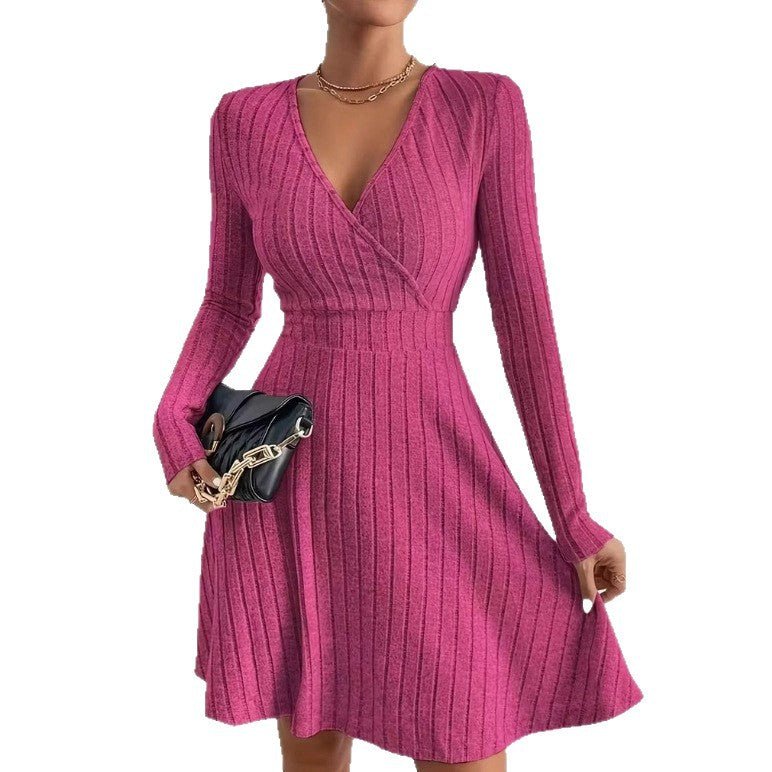 Elegant Long-sleeved Solid-color V-neck Waist-cinching Dress