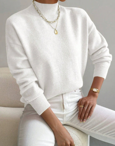 Women's Pullover Sweater Casual Solid Color Mid-high Neck Long-sleeved Knitted Tops Clothing