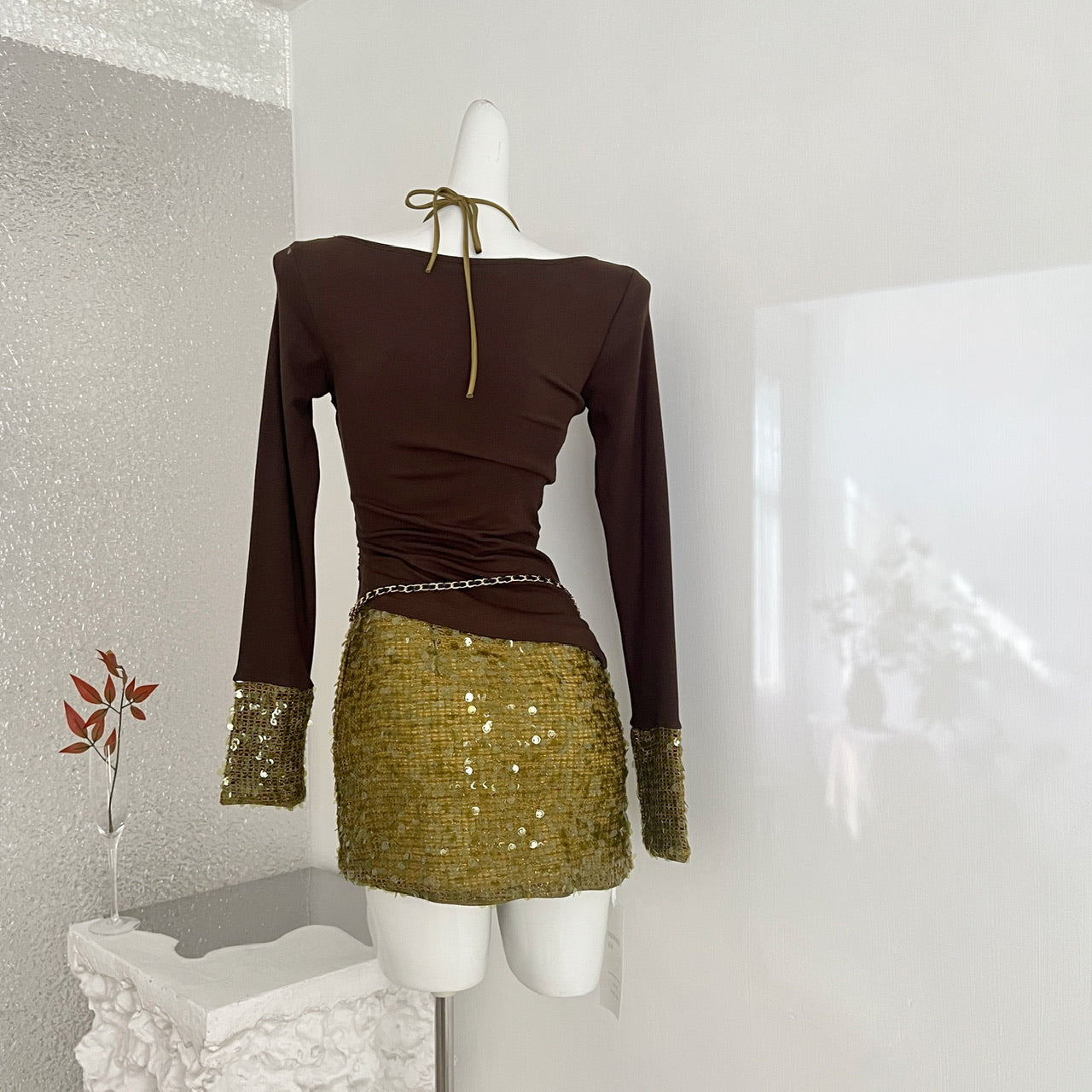 Women's Knit Bodycon Fake Two-Piece Dress Deep Winter Y2K Hot Girl Birthday Club Outfit