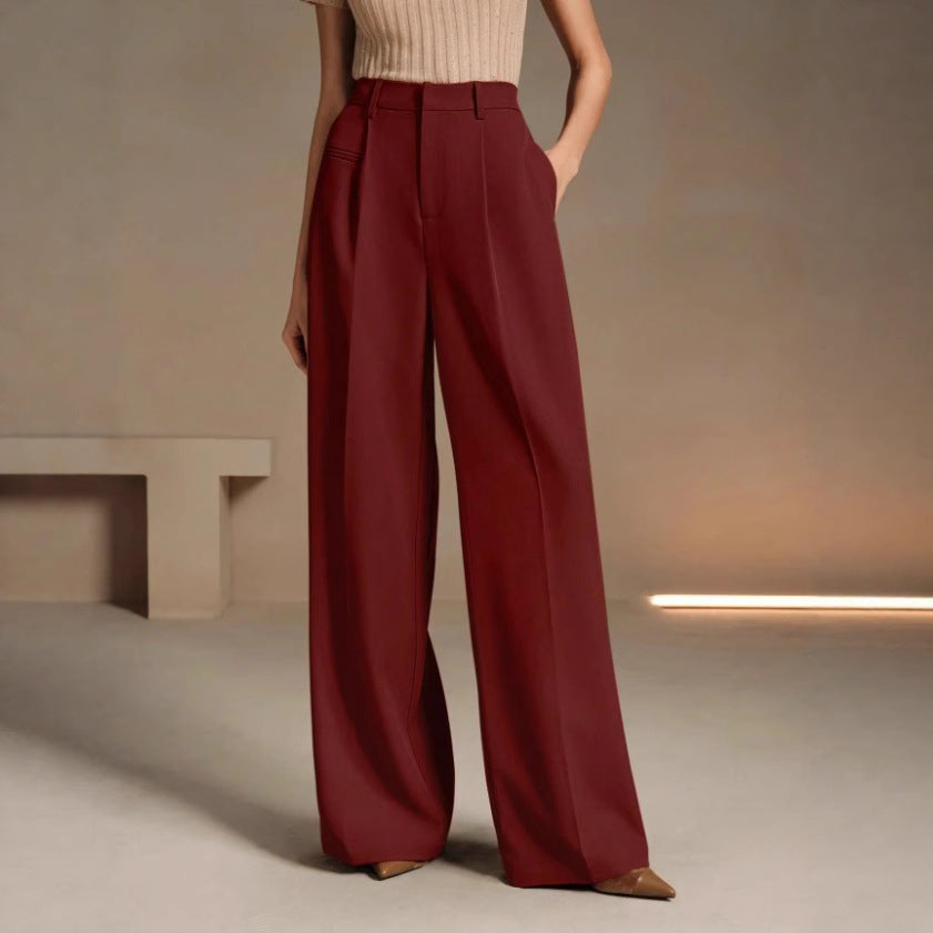 Womens High-Waisted Versatile White Straight-Leg Suit Pants