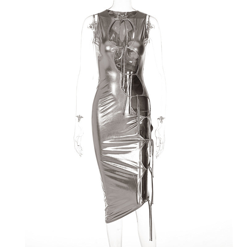 Women's Fashion Hollow Lace-up Solid Color Sleeveless Dress