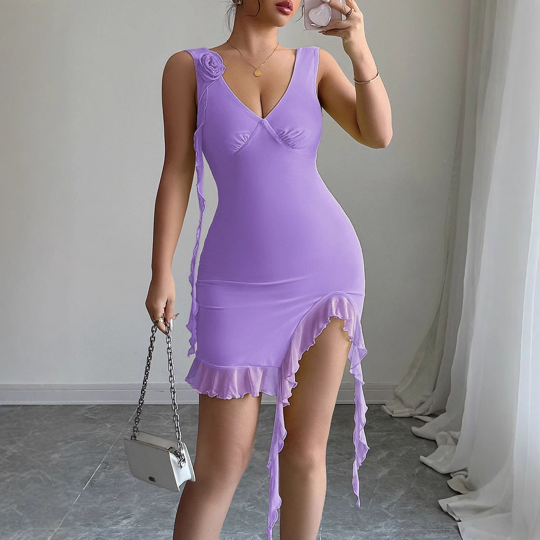 Womens Solid-Color Casual Floral-Trim Dress