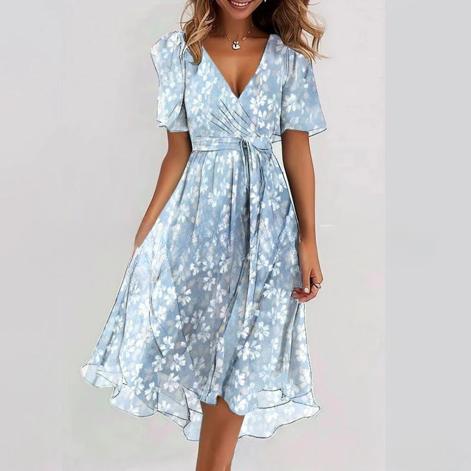 Flowers Printed V-neck Dress Summer A-line Short-sleeved Dresses For Women