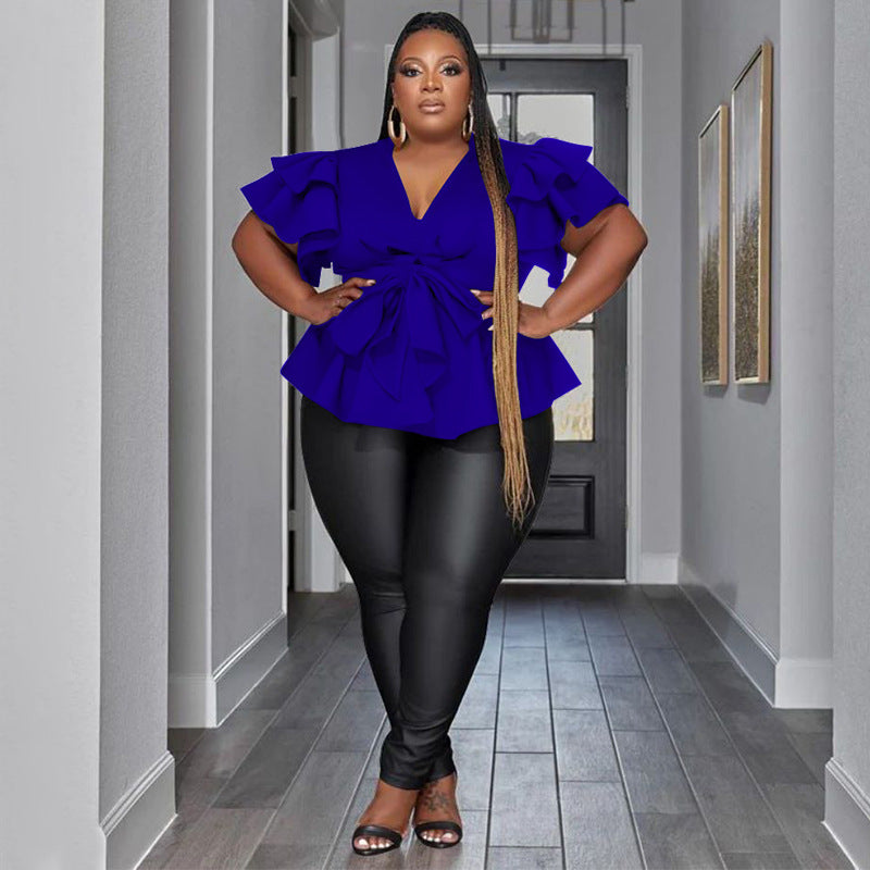 Women's Casual All-Match V-Neck Ruffle-Sleeve Pleated Blouse Top