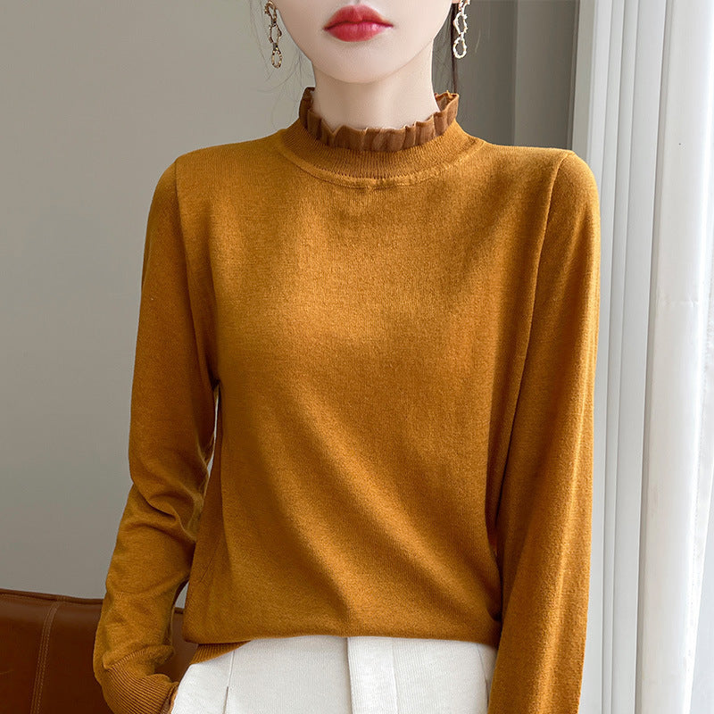 Solid Color Stringy Selvedge Loose Bottoming Shirt Top Half High Collar