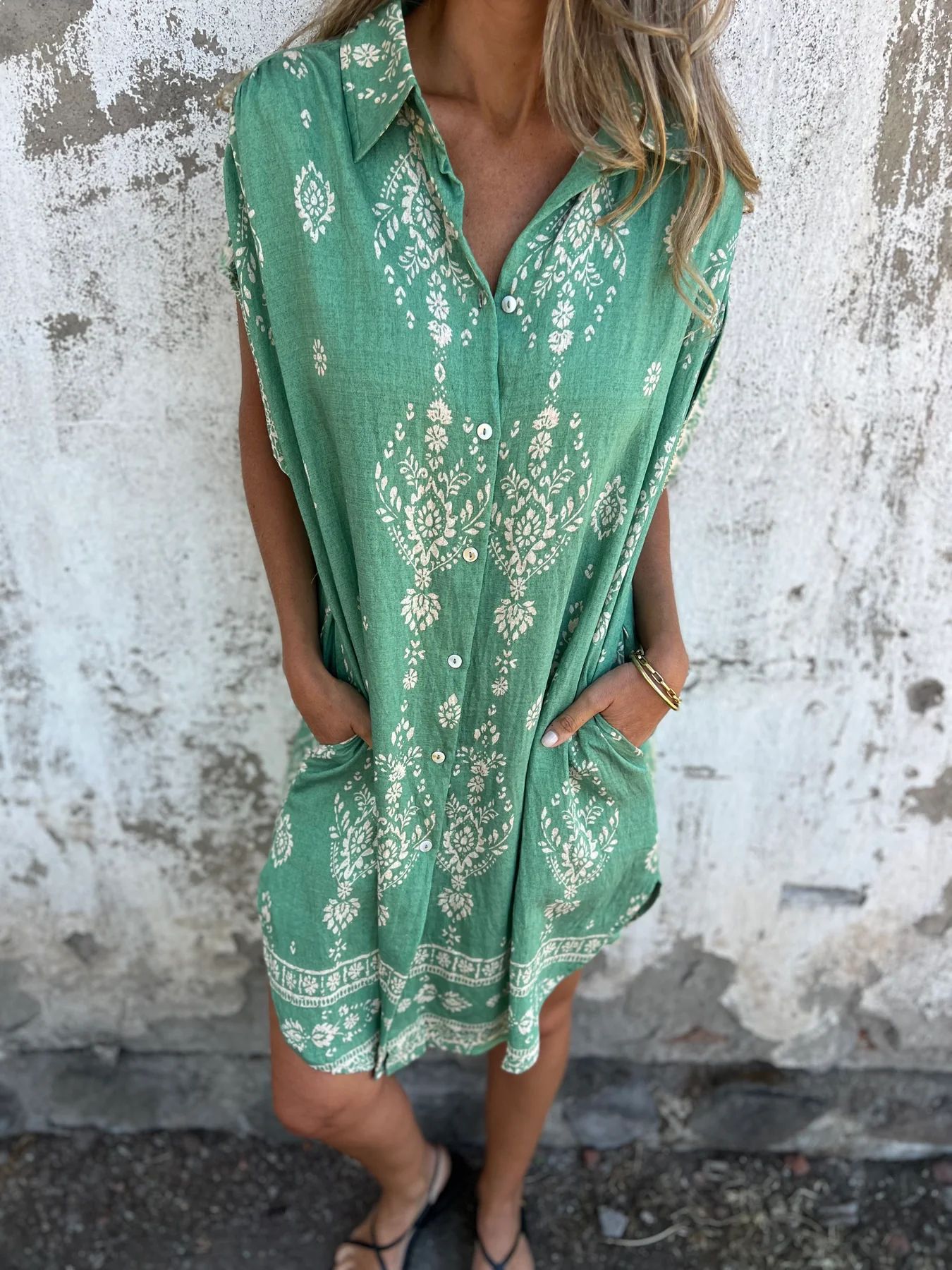Loose Lapel Sleeveless Shirt Dress With Button Fashion Ethnic-style Printed Button Dresses For Beach