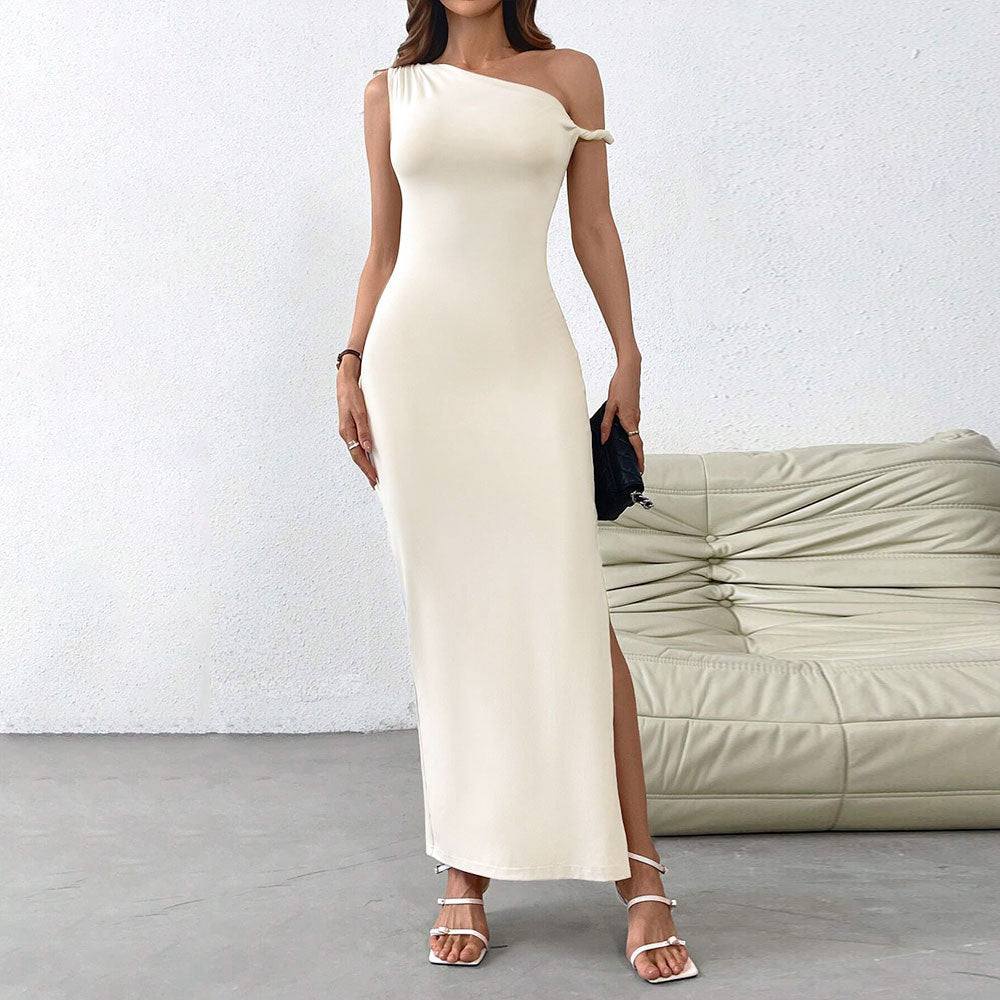 Womens Elegant Long Dress With A Slanted Neckline And Off-the-shoulder Design