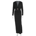 Elegant Embellished Belt Deep-V Long-sleeve Autumn Dress