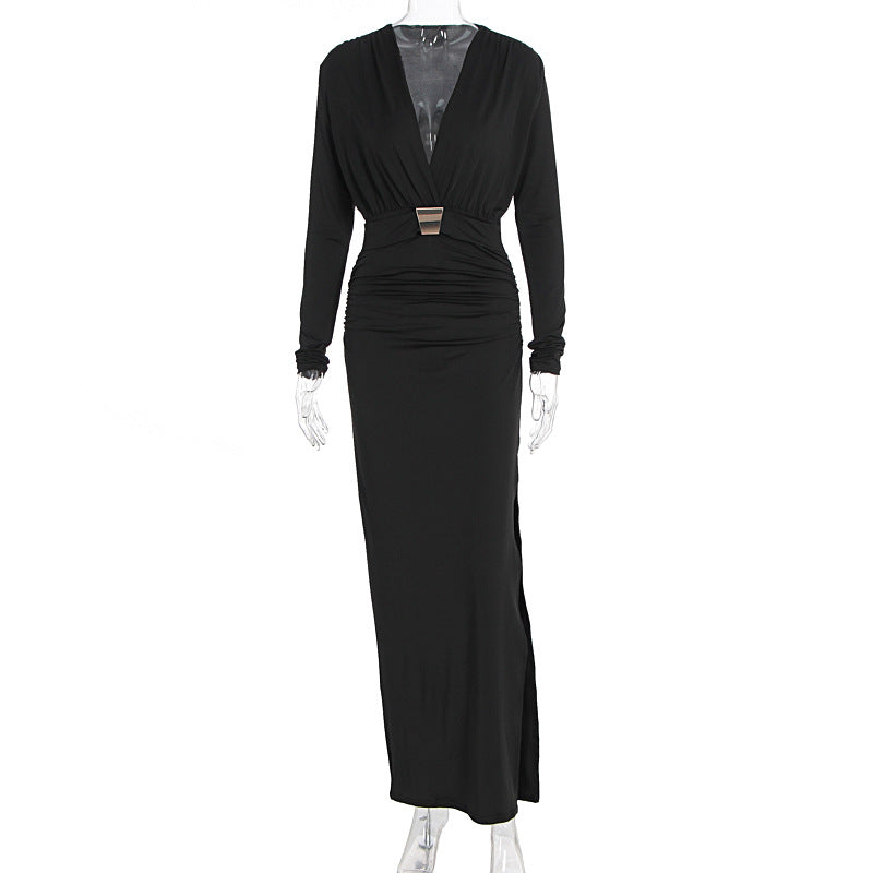 Elegant Embellished Belt Deep-V Long-sleeve Autumn Dress
