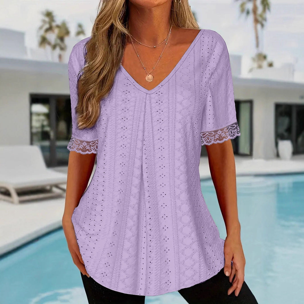 Womens Solid-Color V-Neck Loose Short-Sleeve Pleated T-Shirt Top